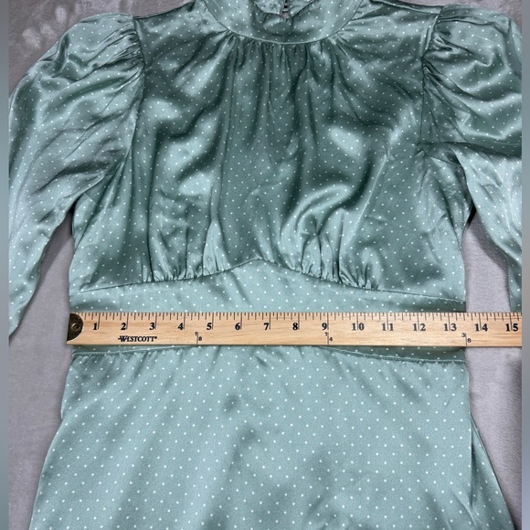 Reformation 100% Silk Samuel LS Mint Polka Dot Long Puff Sleeves Mini Dress 2 - Picture 8 of 17